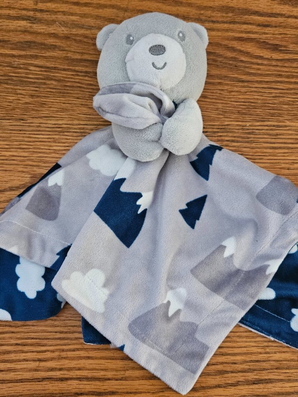 Baby Essentials Bear Lovey Blanket 15”  Blue Teal Gray Clouds Trees Mountains